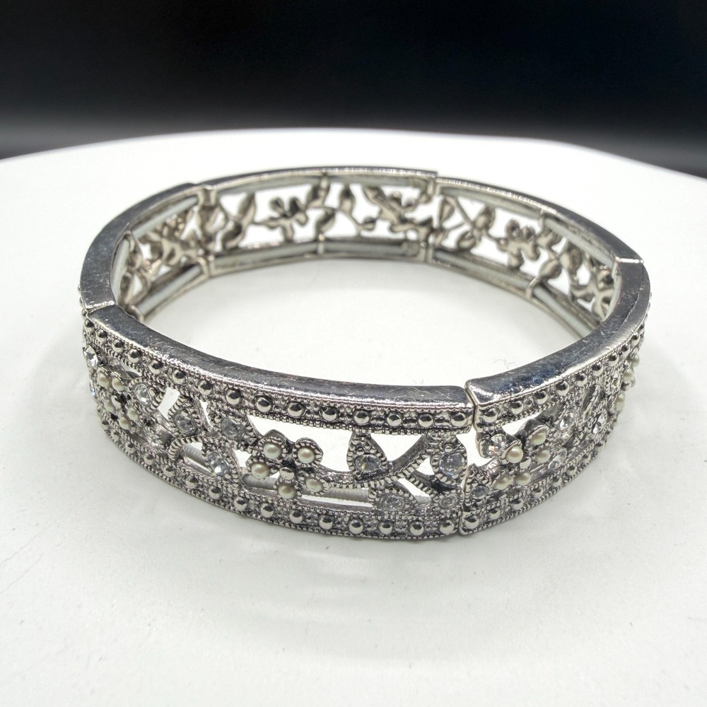 Silver Tone Floral Rhinestone Faux Pearl Filigree Wide Stretch Cuff Bracelet